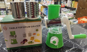 TableTop Drum Grater – 3-in-1 Manual Vegetable Cutter, Slicer & Grater (Random Color)
